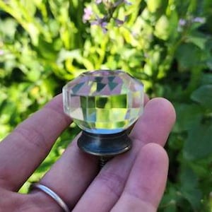 May include: A clear, faceted glass knob with a bronze-colored base. The knob is held in a hand, with a silver ring visible on a finger. The background features blurred green foliage.