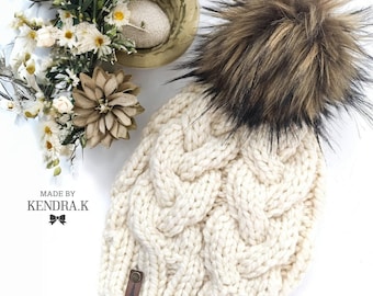 Wool Blend Knit Cable Toque Beanie with Faux Fur Snap On Pompom . Handmade.