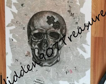 Original Artwork - Skull & Newspaper, skeleton, head, mental health, dark, spooky, anatomical, medical,