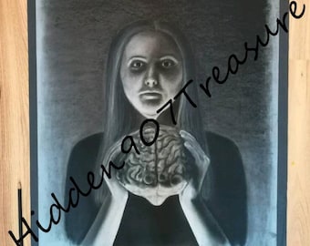 Original Artwork- Light & Dark, black, white, girl holding brain, pastel, charcoal, chalk,