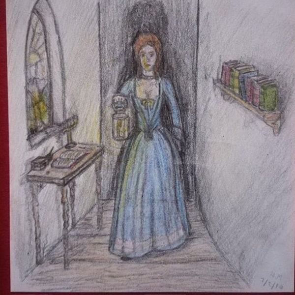 Old book style original illustration Artwork - women in blue dress holding lantern in hallway