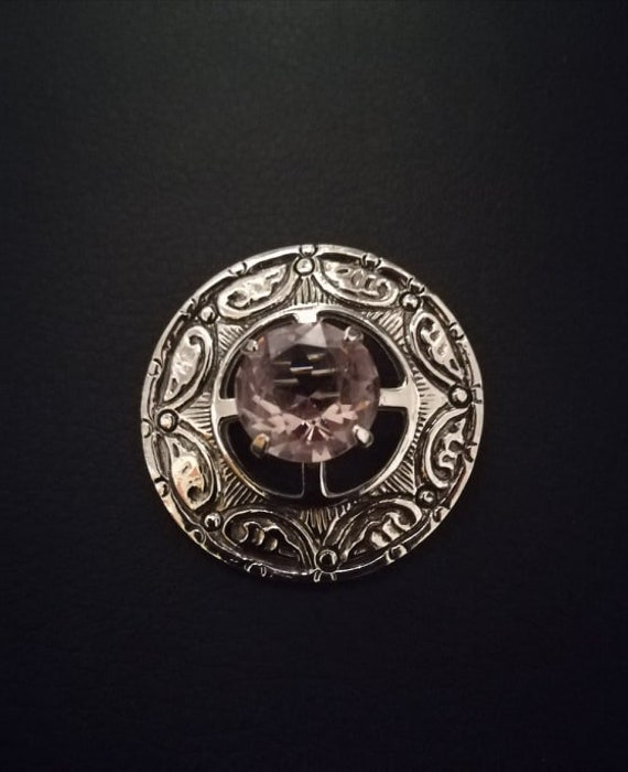 Celtic Round Brooch Pin, Amethyst/Pale Pink Rose … - image 3