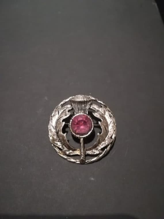 Scottish Celtic Nature Traditional Vintage White Metal Thistle Brooch Pin with Amethyst Style Purple Coloured Stone
