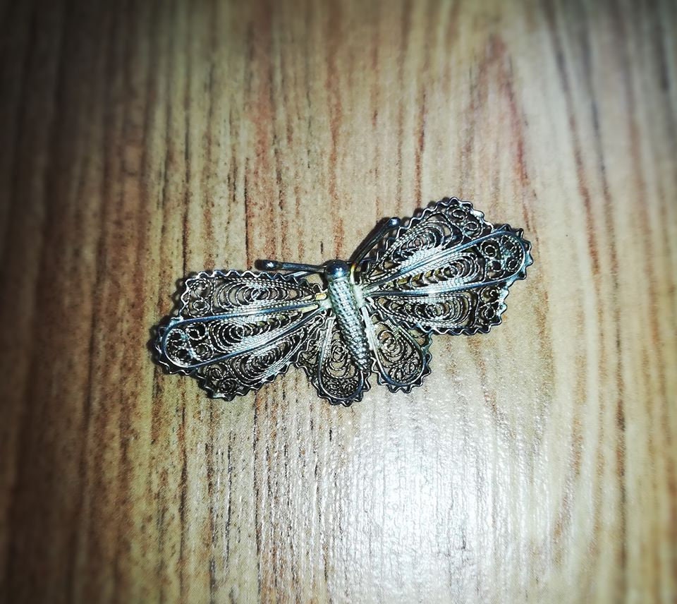 Broche papillon vintage en argent 800 plaqué or, bijoux filigranes filés à la main en filigrane - France