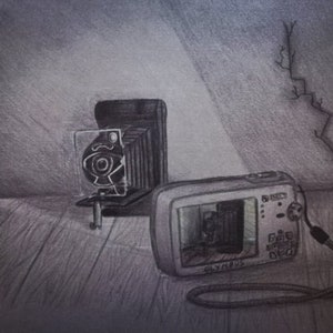 Original 2012 artwork vintage and digital camera pencil drawing