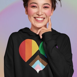 Progress Pride Flag Hoodie - Heart Sweatshirt - LGBTQ Rainbow - Transgender Pride - BIPOC - Intersectional Inclusive