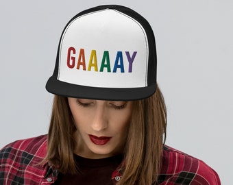 GAAAAY Rainbow Trucker Cap - Gay Pride Snapback Hat - Bordado