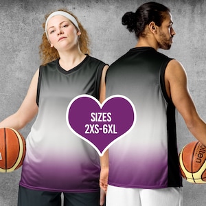 May include: Black and white basketball jersey with a purple ombre design. The jersey has a sleeveless design and features the text "SIZES 2XS-6XL" in a heart shape.