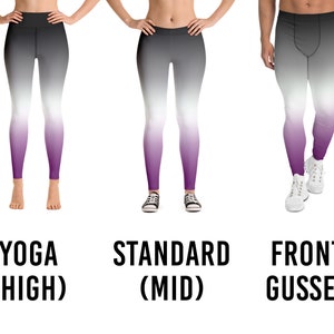 May include: Three pairs of leggings with a black to white to purple ombre design. The leggings are shown in three different styles: yoga (high waisted), standard (mid rise), and front gusset.