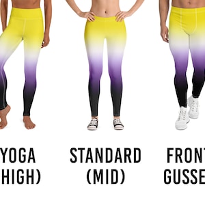 Könnte beinhalten: Drei Leggings mit einem gelben, weißen, violetten und schwarzen Ombre-Design. Die Leggings werden in drei verschiedenen Stilen gezeigt: Yoga (hohe Taille), Standard (mittlere Taille) und Front-Gusset.