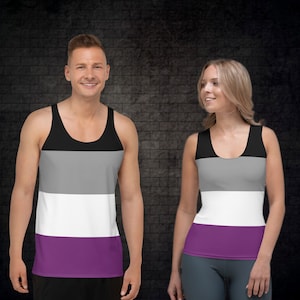 Asexual Pride Flag Tank Top - Men, Women, Non-Binary - Black Grey White Purple Stripes