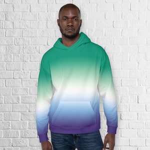 Gay Men Pride Flag Gradient Ombre Hoodie Sweatshirt - Teal Green to Indigo Blue