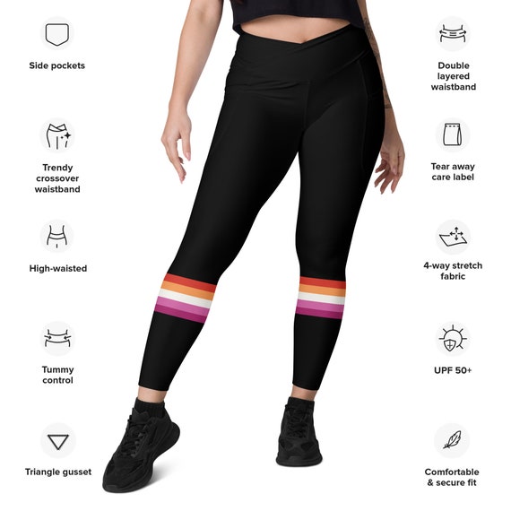 Lesbian Pride Leggings With Pockets Minimalist Sunset Flag Stripes Black or  White Criss Cross Waist Band Yoga Running Workout 