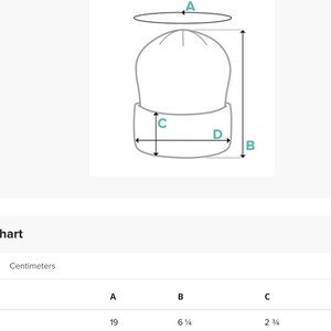 Puede incluir: Un diagrama que ilustra las dimensiones de un gorro. La tabla de tallas muestra las medidas en cent&iacute;metros: A es 48 cm, B es 16 cm, C es 7 cm y D es 23 cm. La tabla tambi&eacute;n incluye la opci&oacute;n de talla "Talla &uacute;nica".