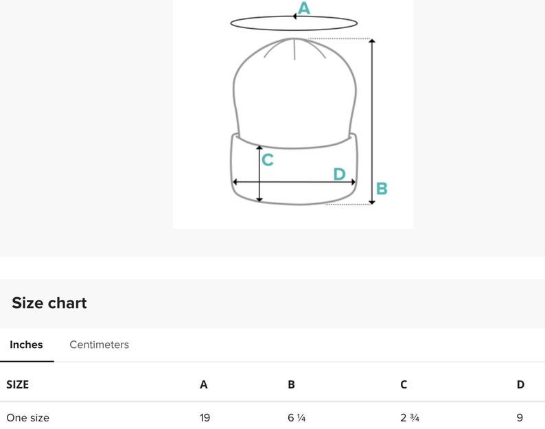 Puede incluir: Un diagrama que ilustra las dimensiones de un gorro. La tabla de tallas muestra las medidas en cent&iacute;metros: A es 48 cm, B es 16 cm, C es 7 cm y D es 23 cm. La tabla tambi&eacute;n incluye la opci&oacute;n de talla "Talla &uacute;nica".