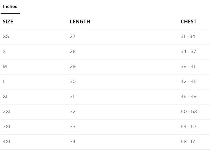 May include: Size chart showing length and chest measurements in inches for sizes XS to 4XL.
