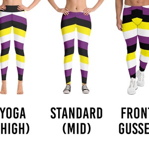 May include: Three pairs of leggings with a purple, black, white, and yellow striped pattern. The leggings are shown in three different styles: yoga (high waisted), standard (mid rise), and front gusset.