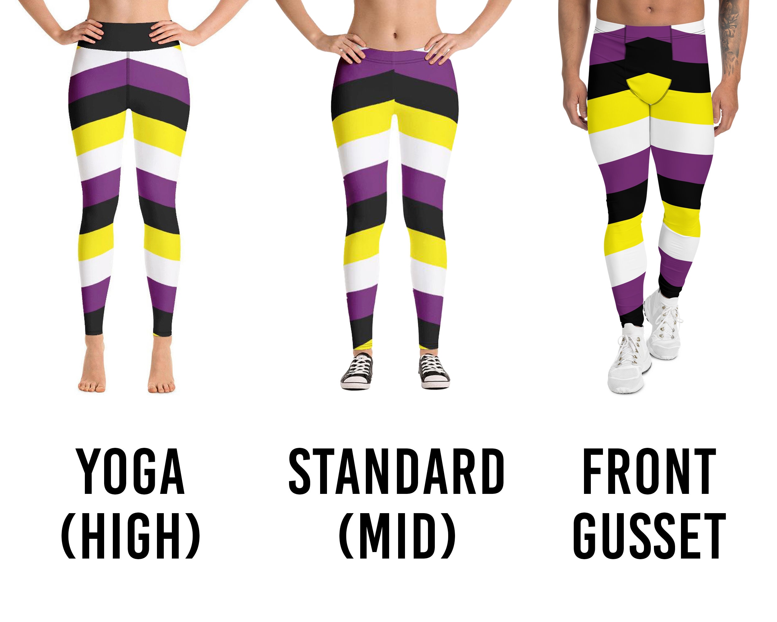 Non-binary Pride Flag Leggings Enby Diagonal Stripes Chevron Yellow White  Purple Black Plus Size Front Gusset 
