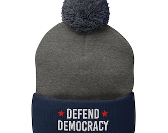 Defend Democracy Pom-Pom Beanie Knit Hat