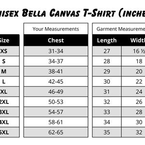 May include: Size chart for a unisex Bella Canvas t-shirt, showing chest, length, and width measurements in inches for sizes XS to 5XL.