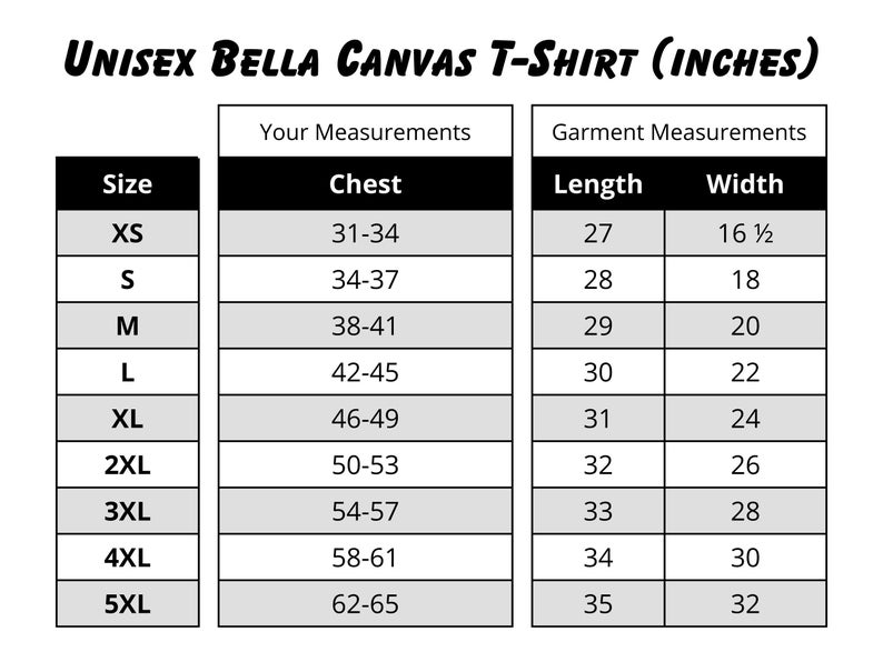 May include: Size chart for a unisex Bella Canvas t-shirt, showing chest, length, and width measurements in inches for sizes XS to 5XL.