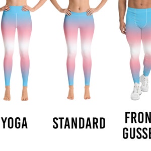 May include: Three pairs of leggings in different styles: yoga, standard, and front gusset. The leggings are a gradient of light blue, white, and pink.
