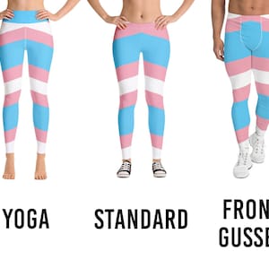 May include: Three pairs of leggings with a pink, white, and blue striped pattern. The leggings are shown in three different styles: yoga, standard, and front gusset.