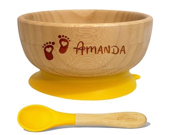 Personalized Baby Bowl, Bamboo Bowl & Spoon with Suction Base, Custom Baby Gift, Baby Shower Gift, Baby Feeding Set, Available in 5 Colors