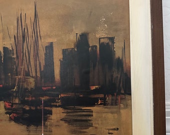 ヴィンテージ　フランス　油絵 Vintage Ozz Franca Print Waterfront Painting Photolithograph