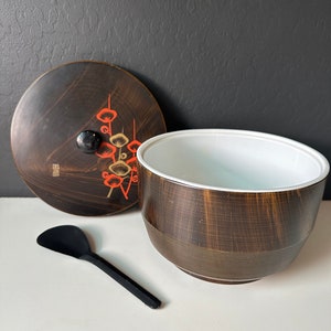 Marusei Japan vintage brown orange lacquerware faux wood rice serving bowl three piece set