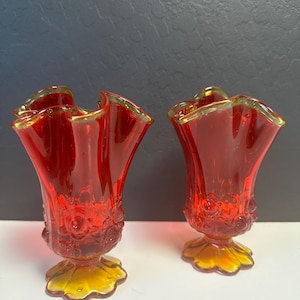 Vintage MCM Amberina Glass Handkerchief Footed Vase Set of Two by LE Smith
