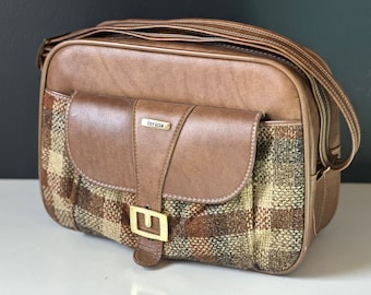 Vintage Invicta Braun Karierte Tweed Schultertasche zum Übernachten