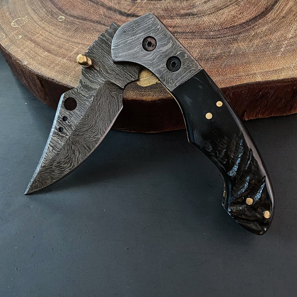Ram Horn Damascus Pocket Knife - 7'' Damascus Folding Knife - Hand Forged Knife, Groomsmen Knife, Gift for Him, Anniversary Gift