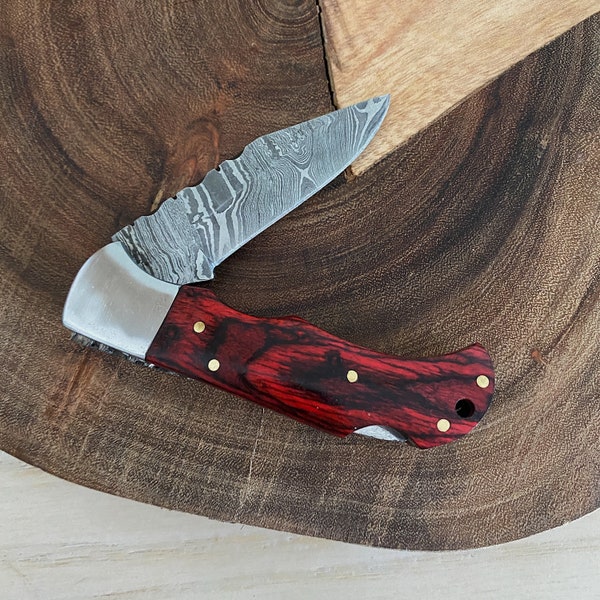 Red Damascus Pocket Knife - 6.5'' Damascus Folding Knife - Hand Forged Knife, Groomsmen Knife, Gift for Him, Gift, Anniversary Gift