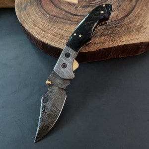 Ram Horn Damascus Pocket Knife 7'' Damascus Folding Knife Hand Forged Knife, Groomsmen Knife, Gift for Him, Anniversary Gift image 9