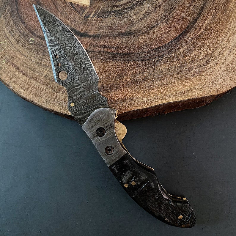 Ram Horn Damascus Pocket Knife 7'' Damascus Folding Knife Hand Forged Knife, Groomsmen Knife, Gift for Him, Anniversary Gift image 7