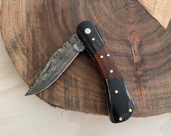 Damascus Pocket Knife - 6.5" Folding Knife - Perfect Gift for Him - Puma Knife Black and Wood Handle - Groomsmen Gift, Christmas Gift