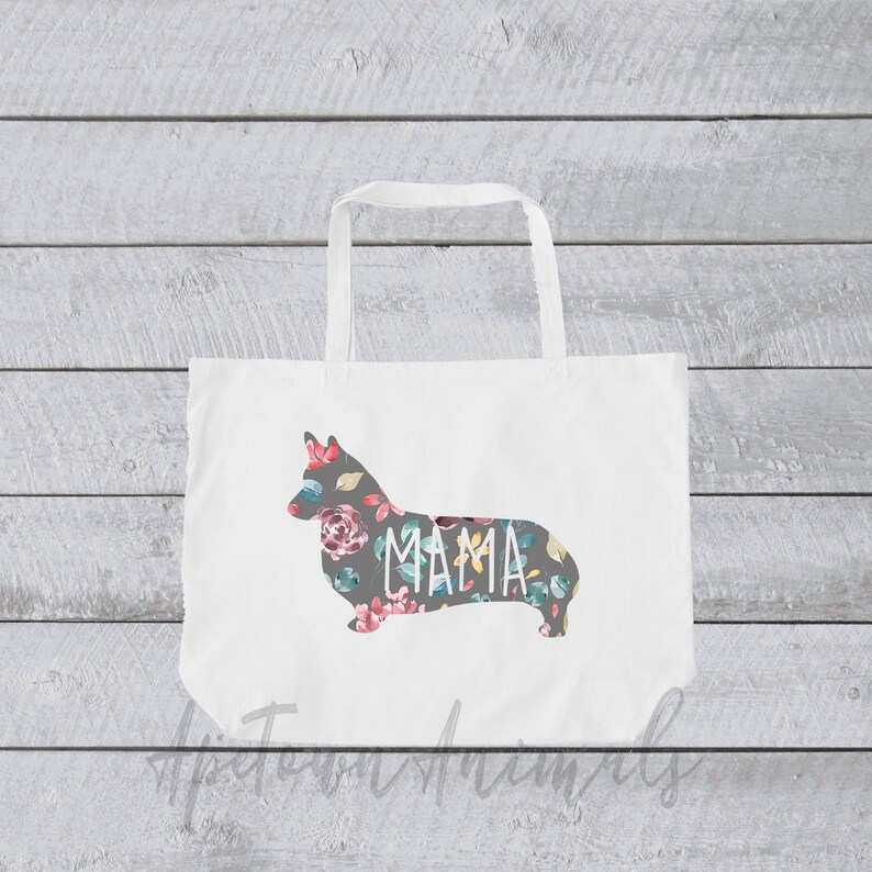 Floral Silhouette Dog mom tote bag White or Natural book bag Corgi Mama Oversized Tote Bag shopping bag clothes bag