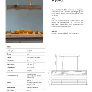 May include: A wooden pendant light fixture called "Empty Box" by Monklights. The light is made of a simple, rectangular wooden frame with a warm, natural wood finish. The light is suspended from the ceiling by three wires. The light is 80 cm wide, 11 cm high, and 11 cm deep. The light is available in a variety of colors and finishes.