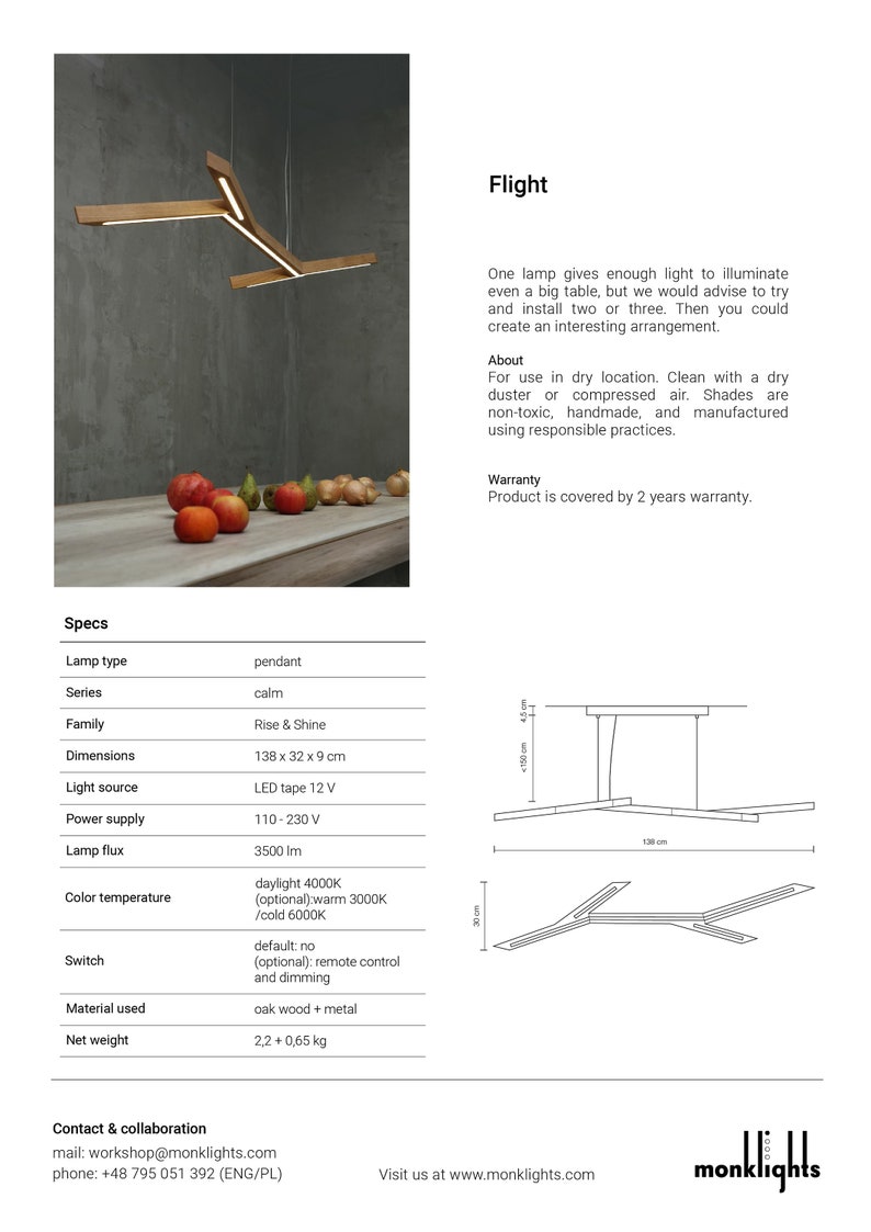 Handmade Oak LED Pendant Lamp, Modern Wood Dining Light image 9