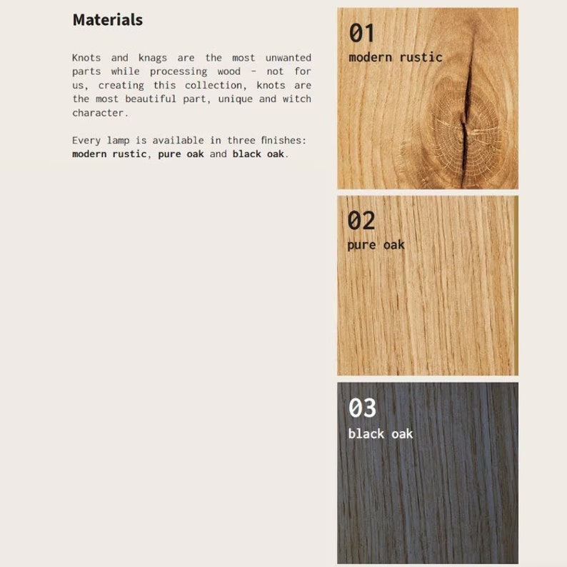 May include: Three wood samples showing different finishes: modern rustic, pure oak, and black oak. The text "Materials" is at the top of the image.