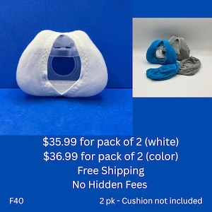 May include: A white, padded cushion cover with a clear plastic insert, displayed on a blue background. Additional covers in blue and gray are shown in a separate image. The product is designed to fit a specific item.