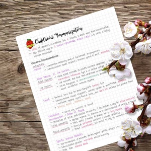 Peut inclure: Notes manuscrites sur une feuille de papier lignée concernant la vaccination des enfants. Les notes comprennent des définitions de termes tels que vaccin, vaccins tués, vaccins vivants et toxine. Les notes abordent également l'immunité active et passive.