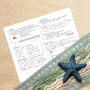 May include: A handwritten study guide on hypothyroidism, a condition caused by a deficiency of thyroid hormone. The guide includes information on the description, manifestation, nursing management, pathophysiology, diagnostic studies, and causes of hypothyroidism. The guide is written in pink, blue, and green ink on white paper.