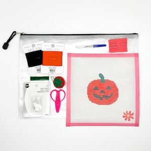 Halloween Jack O&#39;lantern Beginner Needlepoint Canvas Kit - All supplies you need!