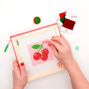 Cherries Beginner Needlepoint Kit | Bright 13 Mesh Canvas with Supplies | Hand Stitch, Cute Cherry Design for Beginners