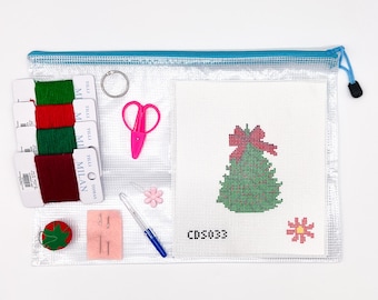 Red and Green Bow Christmas Tree Needlepoint Kit for Beginners, Holiday Ornament DIY with Full Thread Supplies
