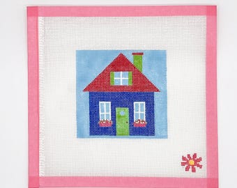 Happy Blue House Needlepoint Canvas, Handpainted Ornament Design, Stitch Painted