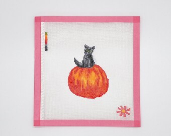 Retro Halloween Needlepoint Canvas, Handpainted Spooky Cat & Pumpkin Design, DIY Stitch Painted Halloween Decor