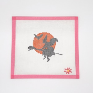 Retro Witch & Moon Design Halloween Needlepoint Canvas, Handpainted , Stitch Painted